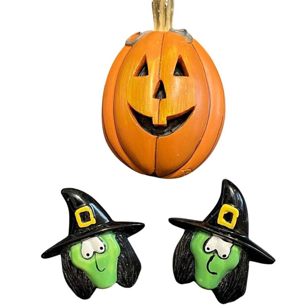 Vintage Halloween Jack O Lantern Pin & Witch Earrings Set Resin Holiday Jewelry